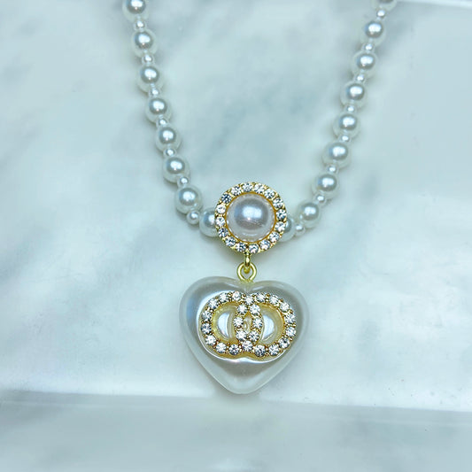 Imitation Pearl Heart Zircon Pendant Necklace NC0071